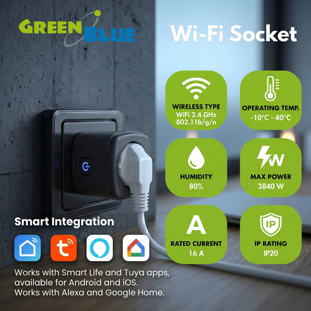 Diaľkovo ovládaná WiFi zásuvka GreenBlue, Android/iOS/Alexa/Google Home, časovač, wattmeter, max. 16 A/3840 W, GB735 B, 2 ks