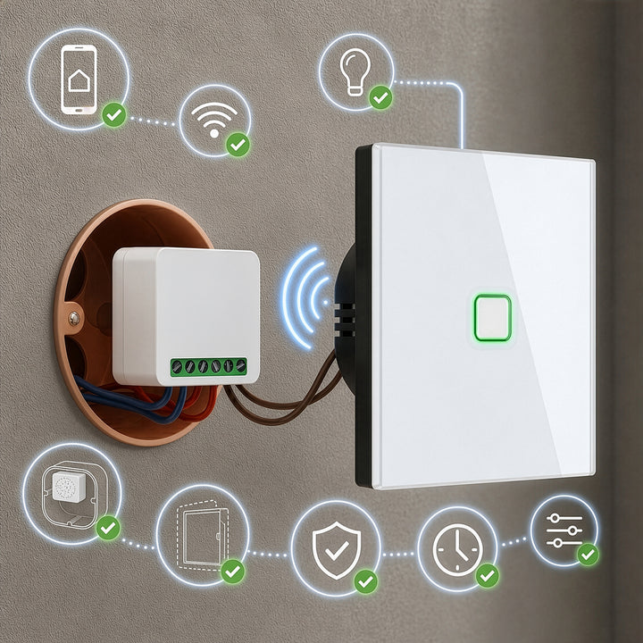 Zápustný WiFi relé GreenBlue, Android/iOS/Alexa/Google Home, 100–240 V striedavého prúdu, 50/60 Hz, max. 16 A, pre LED 150 W, GB739, 4 kusy
