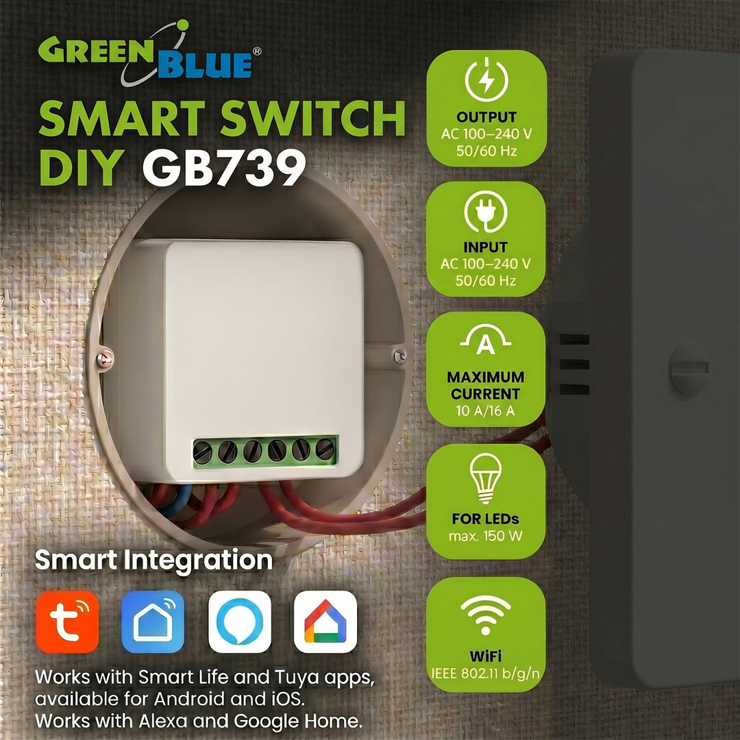 Zápustný WiFi relé GreenBlue, Android/iOS/Alexa/Google Home, 100–240 V striedavého prúdu, 50/60 Hz, max. 16 A, pre LED 150 W, GB739, 4 kusy