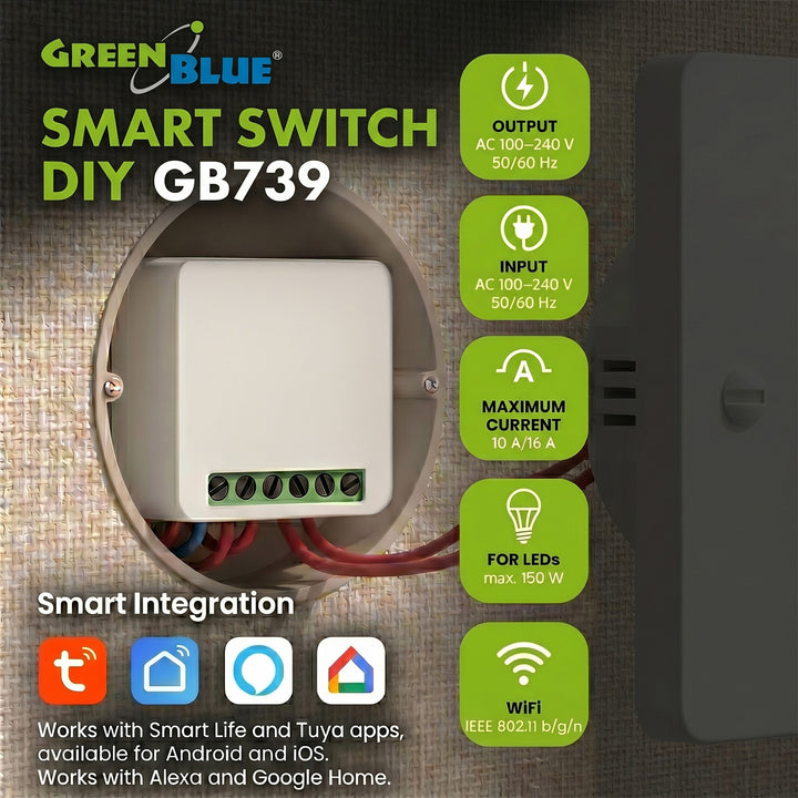 Zápustný WiFi relé GreenBlue, Android/iOS/Alexa/Google Home, 100–240 V striedavého prúdu, 50/60 Hz, max. 16 A, pre LED 150 W, GB739, 4 kusy
