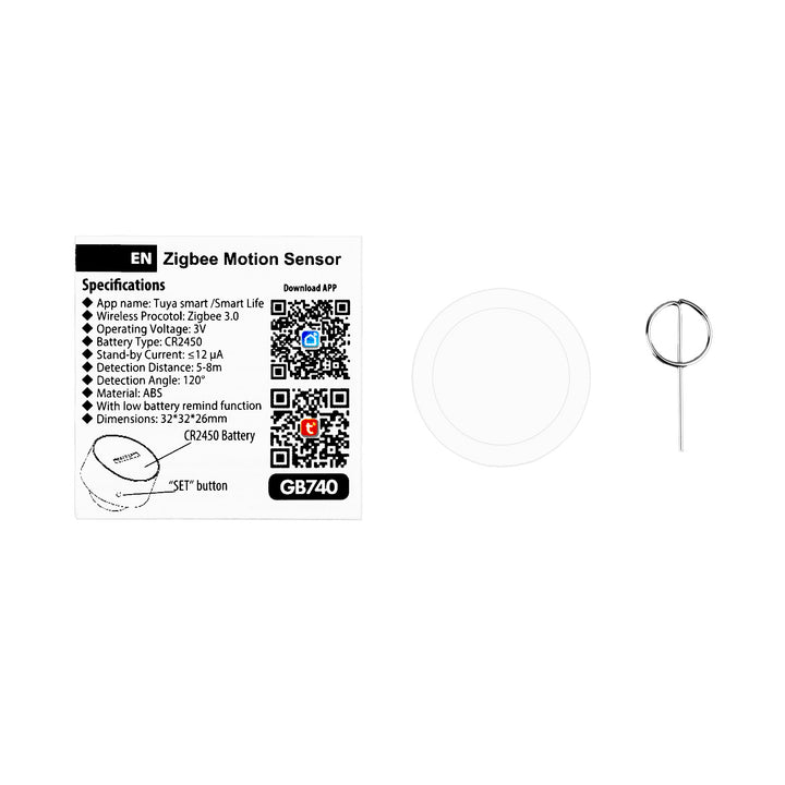 Bezdrôtový pohybový senzor Zigbee Tuya GreenBlue, Android/iOS, CR2450 DC 3,0 V, uhol detekcie 120° / do 8 m, GB740, 2 ks