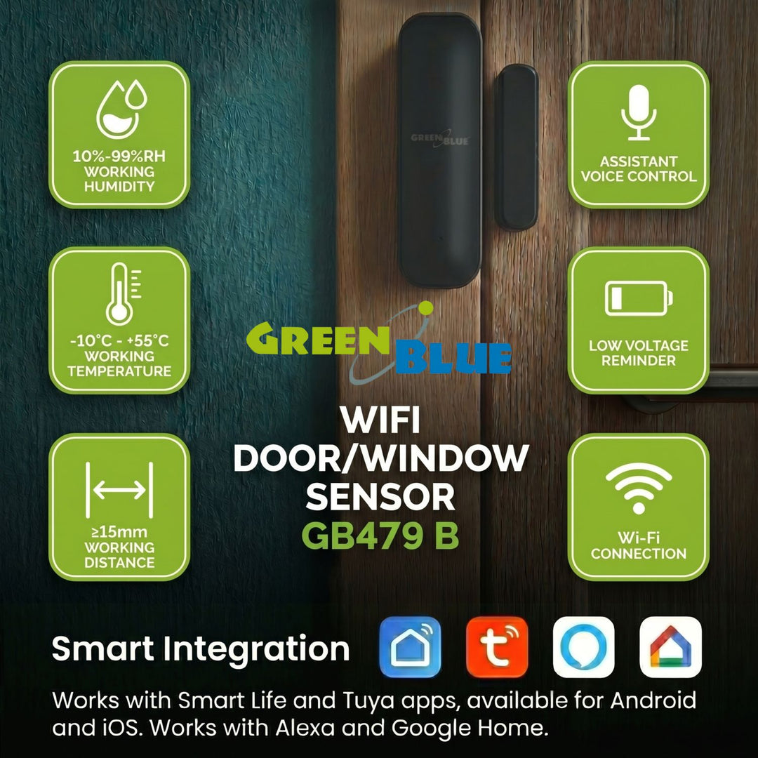 Bezdrôtový kontaktný senzor / senzor otvorenia WiFi GreenBlue, Android/iOS, na dvere / okná, 3,0 V DC, LR03x2, GB479 B, 2 sady