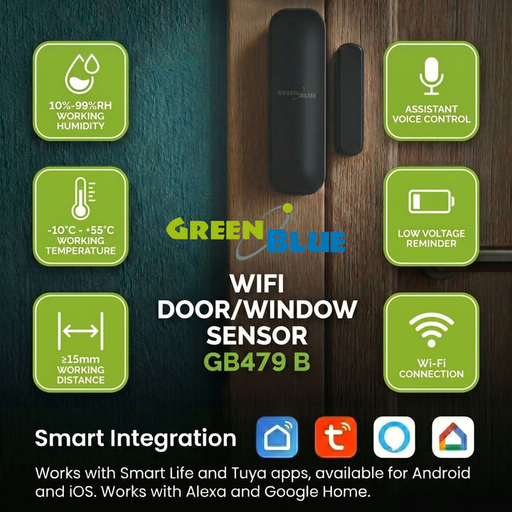 Bezdrôtový kontaktný senzor / senzor otvorenia WiFi GreenBlue, Android/iOS, na dvere / okná, 3,0 V DC, LR03x2, GB479 B, 2 sady