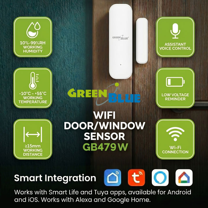 Bezdrôtový kontaktný spínač / snímač otvorenia WiFi GreenBlue, Android/iOS, na dvere / okná, 3,0 V DC, LR03x2, GB479 W, 2 sady
