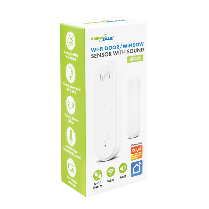 Bezdrôtový kontaktný spínač / snímač otvorenia WiFi GreenBlue, Android/iOS, na dvere / okná, 3,0 V DC, LR03x2, s alarmom, GB478, 2 sady