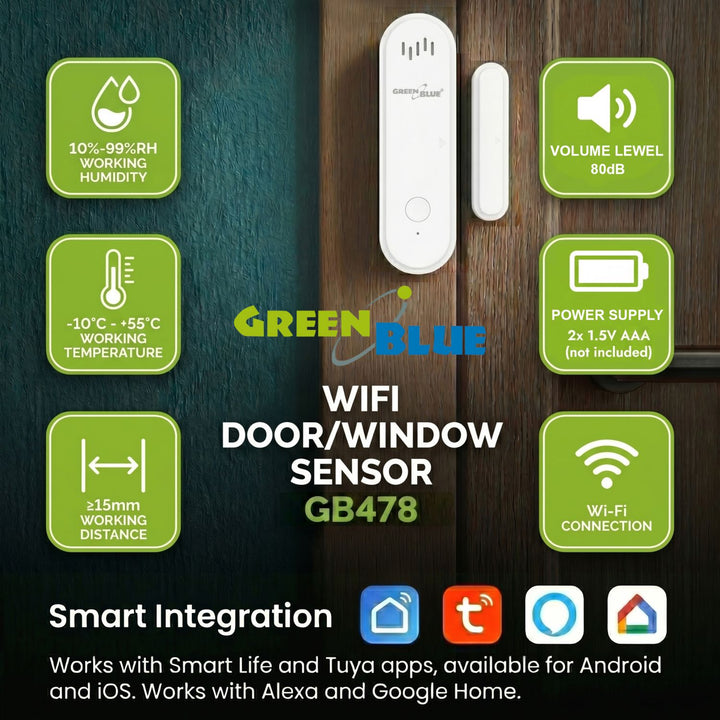 Bezdrôtový kontaktný spínač / snímač otvorenia WiFi GreenBlue, Android/iOS, na dvere / okná, 3,0 V DC, LR03x2, s alarmom, GB478, 2 sady