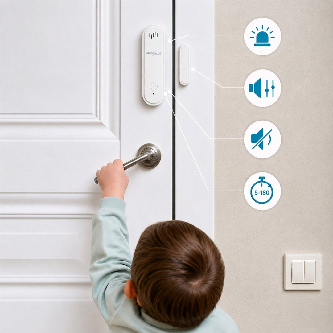 Bezdrôtový kontaktný spínač / snímač otvorenia WiFi GreenBlue, Android/iOS, na dvere / okná, 3,0 V DC, LR03x2, s alarmom, GB478, 2 sady