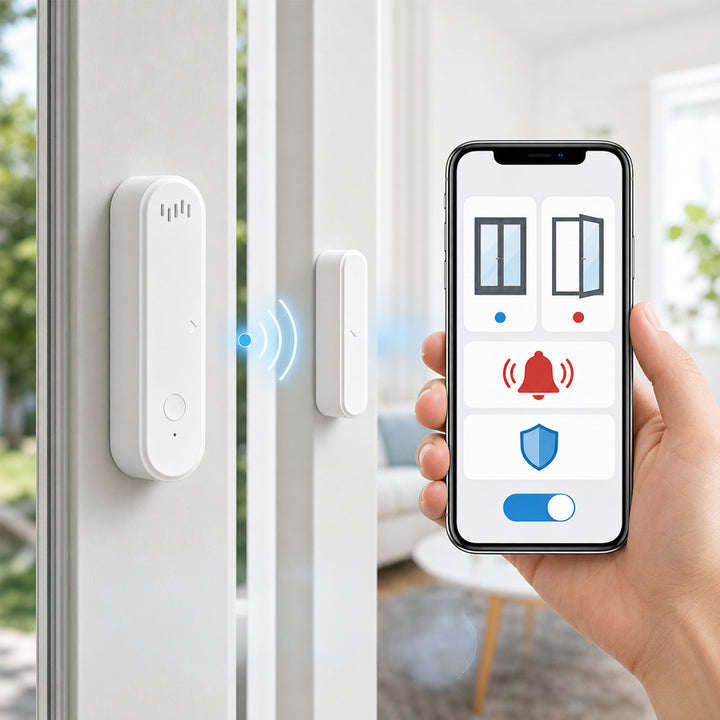 Bezdrôtový kontaktný spínač / snímač otvorenia WiFi GreenBlue, Android/iOS, na dvere / okná, 3,0 V DC, LR03x2, s alarmom, GB478, 2 sady