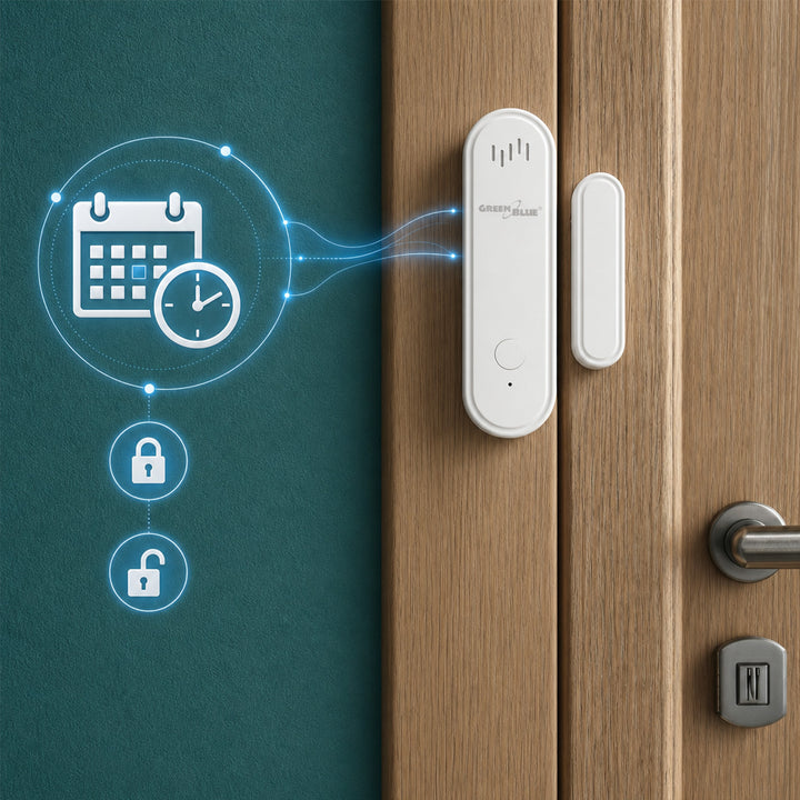 Bezdrôtový kontaktný spínač / snímač otvorenia WiFi GreenBlue, Android/iOS, na dvere / okná, 3,0 V DC, LR03x2, s alarmom, GB478, 2 sady