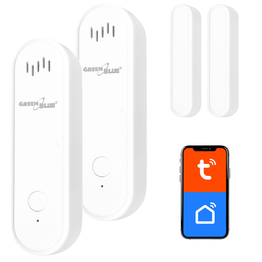 Bezdrôtový kontaktný spínač / snímač otvorenia WiFi GreenBlue, Android/iOS, na dvere / okná, 3,0 V DC, LR03x2, s alarmom, GB478, 2 sady