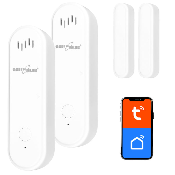Bezdrôtový kontaktný spínač / snímač otvorenia WiFi GreenBlue, Android/iOS, na dvere / okná, 3,0 V DC, LR03x2, s alarmom, GB478, 2 sady