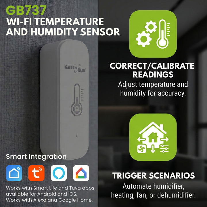 Senzor teploty a vlhkosti WiFi GreenBlue, Android/iOS/Alexa/Google Home, 3,0 V DC, LR03x2, GB737, 2 kusy