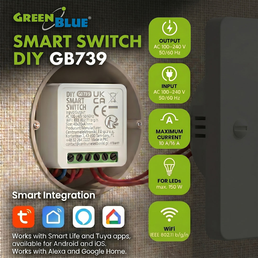 Zápustný WiFi relé GreenBlue, Android/iOS/Alexa/Google Home, 100–240 V striedavého prúdu, 50/60 Hz, max. 16 A, pre LED 150 W, GB739, 3 kusy