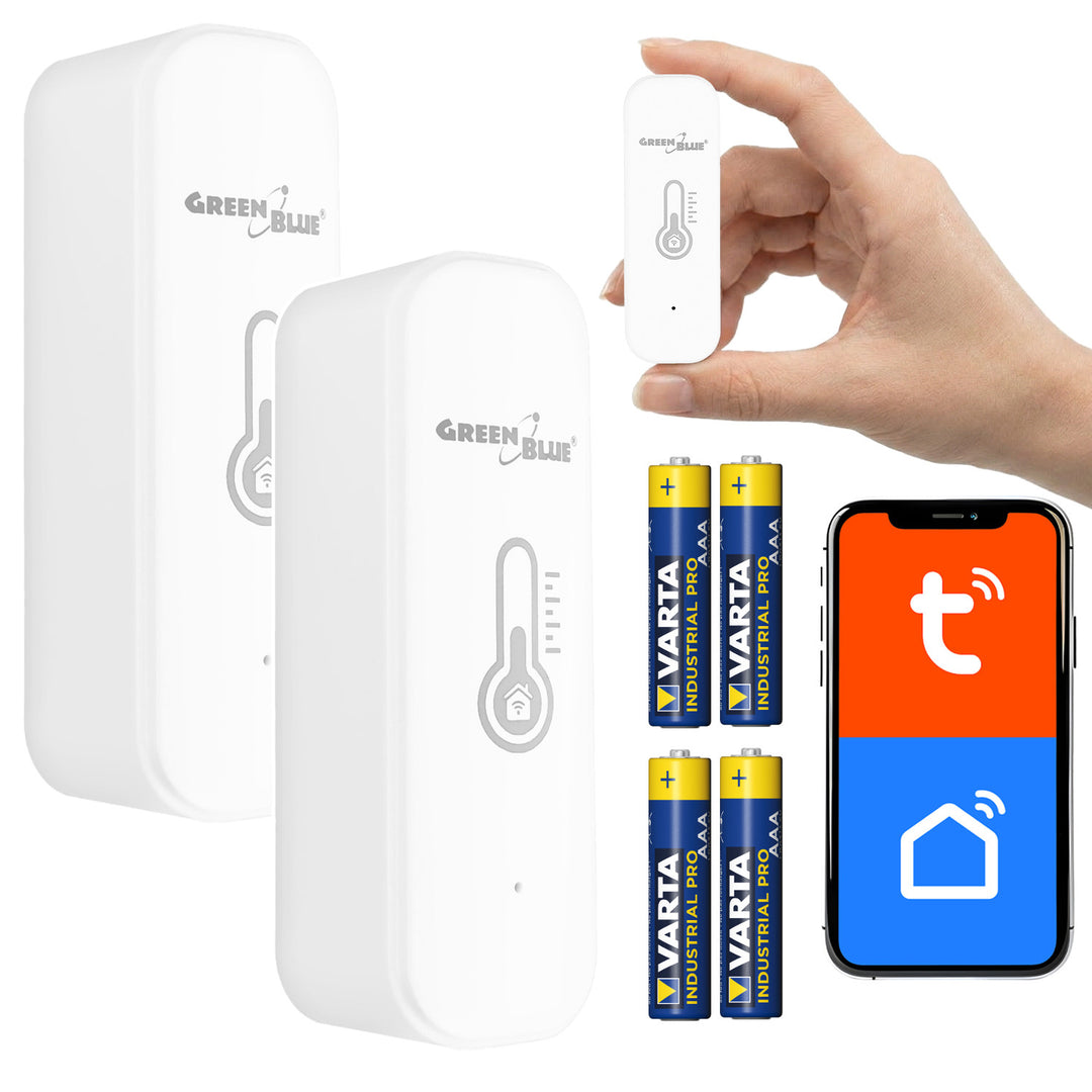 Senzor teploty a vlhkosti WiFi GreenBlue, Android/iOS/Alexa/Google Home, 3,0 V DC, LR03x2, GB737, 2 ks + 4x alkalická batéria AAA Varta Industrial 4003