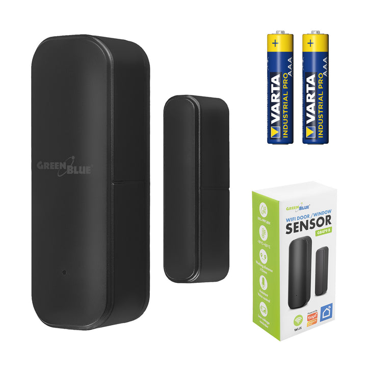 GB479 B Bezdrôtový kontakt / senzor otvorenia WiFi GreenBlue, Android/iOS, pre dvere / okná, 3,0 V DC, LR03x2, GB479 B + 2x batéria R-03 LR03 AAA alkalická Varta Industrial 4003