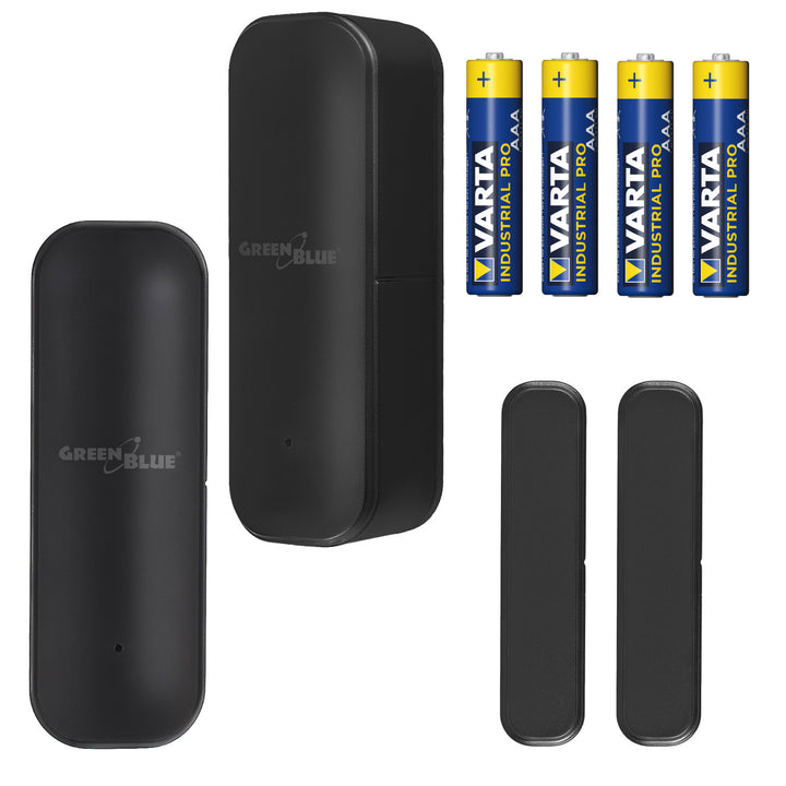 Bezdrôtový kontaktný senzor / senzor otvorenia WiFi GreenBlue, Android/iOS, na dvere / okná, 3,0 V DC, LR03x2, GB479 B, 2 ks + 4x alkalická batéria AAA Varta Industrial 4003