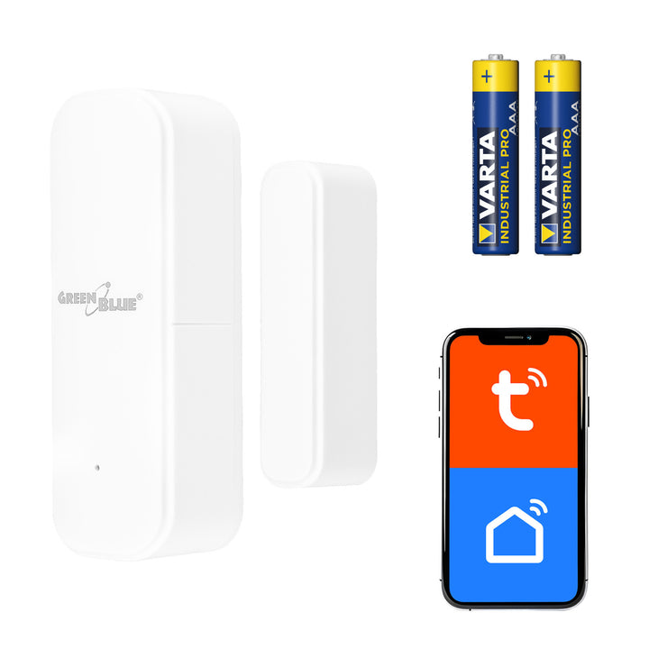 Bezdrôtový kontaktný spínač / senzor otvorenia WiFi GreenBlue, Android/iOS, na dvere / okná, 3,0 V DC, LR03x2, GB479 W + 2x batéria R-03 LR03 AAA alkalická Varta Industrial 4003