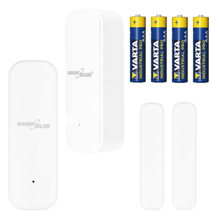 Bezdrôtový kontaktný spínač / snímač otvorenia WiFi GreenBlue, Android/iOS, na dvere / okná, 3,0 V DC, LR03x2, GB479, 2 ks  + 4x alkalická batéria AAA Varta Industrial 4003