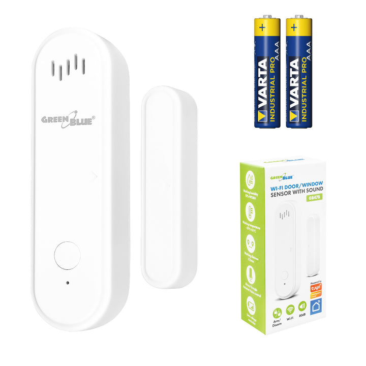 Bezdrôtový kontaktný spínač / snímač otvorenia WiFi GreenBlue, Android/iOS, na dvere / okná, 3,0 V DC, LR03x2, s alarmom, GB478 + 2x batéria R-03 LR03 AAA alkalická Varta Industrial 4003