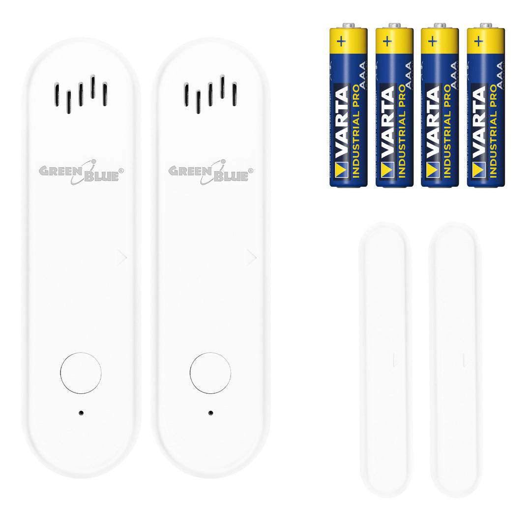 Bezdrôtový kontaktný spínač / snímač otvorenia WiFi GreenBlue, Android/iOS, na dvere / okná, 3,0 V DC, LR03x2, s alarmom, GB478 2 ks + 4x alkalická batéria AAA Varta Industrial 4003