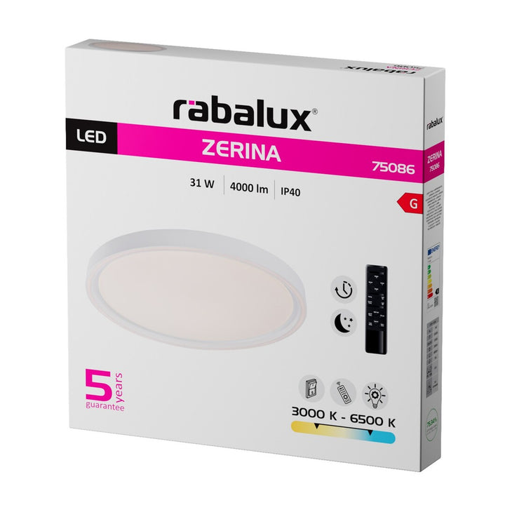 Stropné svietidlo Rabalux Zerina, 31 W, IP40, biele, 3000–6500 K, pamäťová funkcia, s diaľkovým ovládačom, časovač, efekt nočného svietidla, 75086