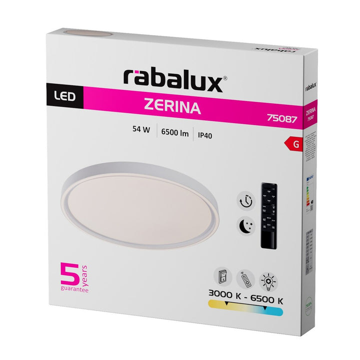 Stropné svietidlo Rabalux Zerina, 54 W, IP40, biele, 3000–6500 K, funkcia pamäte, s diaľkovým ovládačom, funkcia časovača, efekt nočného svietidla, 75087