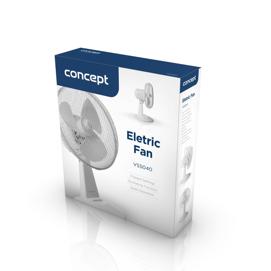 Stolný ventilátor Concept, biela farba, 3 rýchlostné stupne, oscilácia, tichá prevádzka, nastaviteľný sklon, VS5040