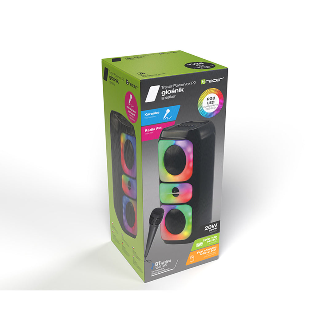 Bezdrôtový reproduktor Tracer, Bluetooth 5.0, RMS výkon 20 W, režim karaoke, mikrofón, Powervox P2 TWS