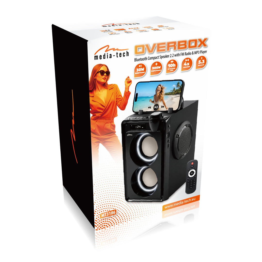 Prenosný Bluetooth reproduktor OVERBOX MT3186, FM rádio, podpora SD kariet, USB, RMS výkon 30 W, Mediatech