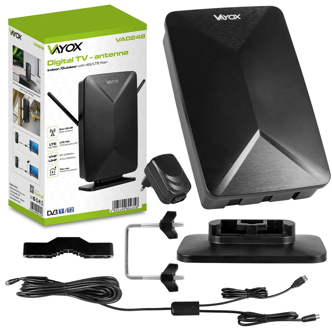 Aktívna anténa, izbová, vnútorná, vonkajšia, DVB-T2, pozemná televízia 4K, Vayox