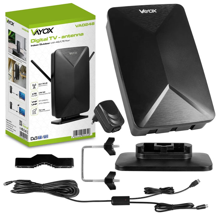 Aktívna anténa, izbová, vnútorná, vonkajšia, DVB-T2, pozemná televízia 4K, Vayox