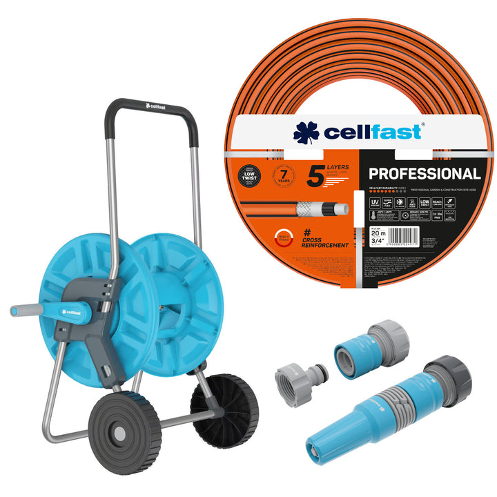 Záhradná hadica Cellfast, PROFESSIONAL 3/4" 20 m + Vozík na hadicu Cellfast Aluplus 1/2" 60 m + Sada s priamym zavlažovačom 3/4" IDEAL