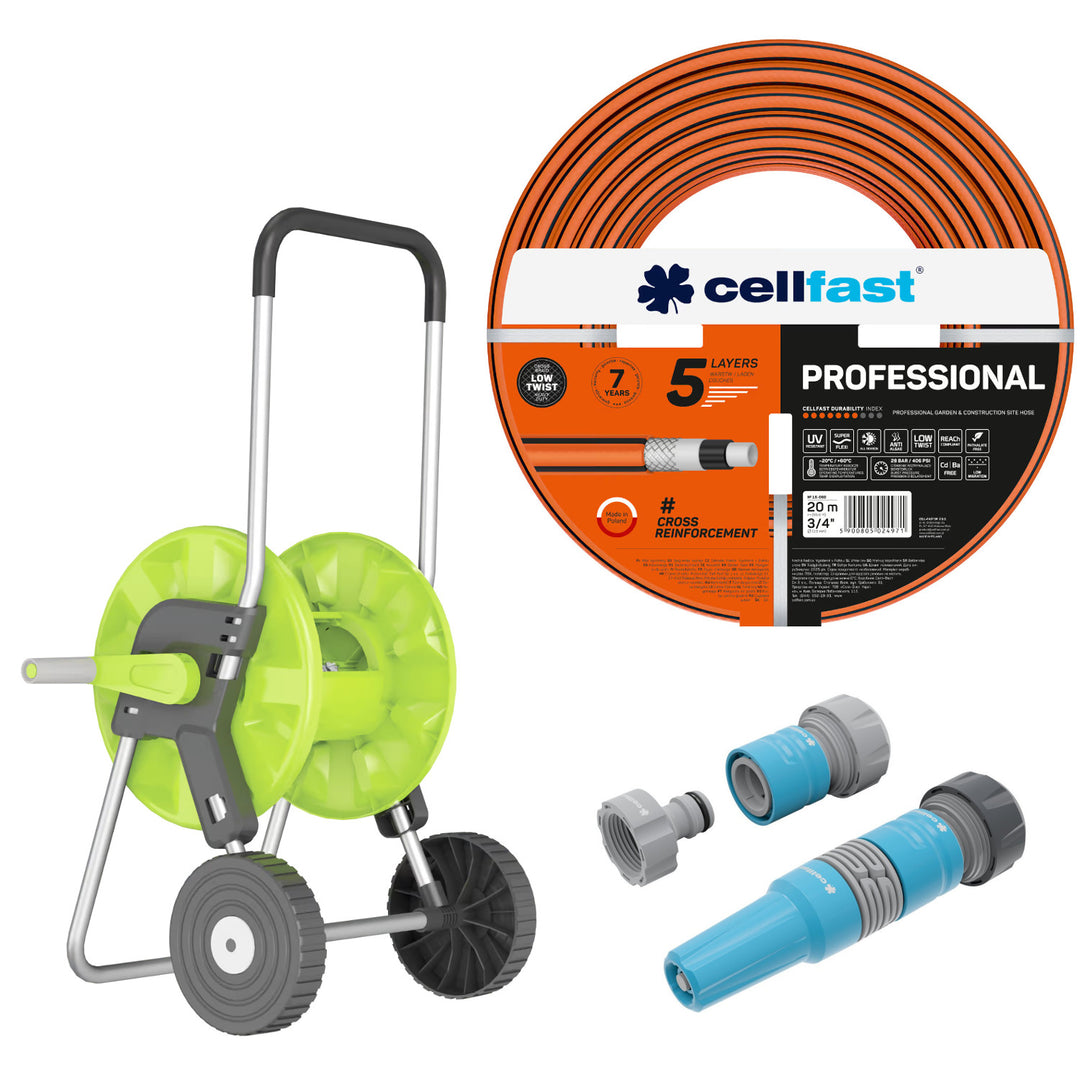 Záhradná hadica Cellfast, PROFESSIONAL 3/4" 20 m + Vozík na hadicu Cellfast Economic 1/2" 45 m + Sada s priamym zavlažovačom 3/4" IDEAL