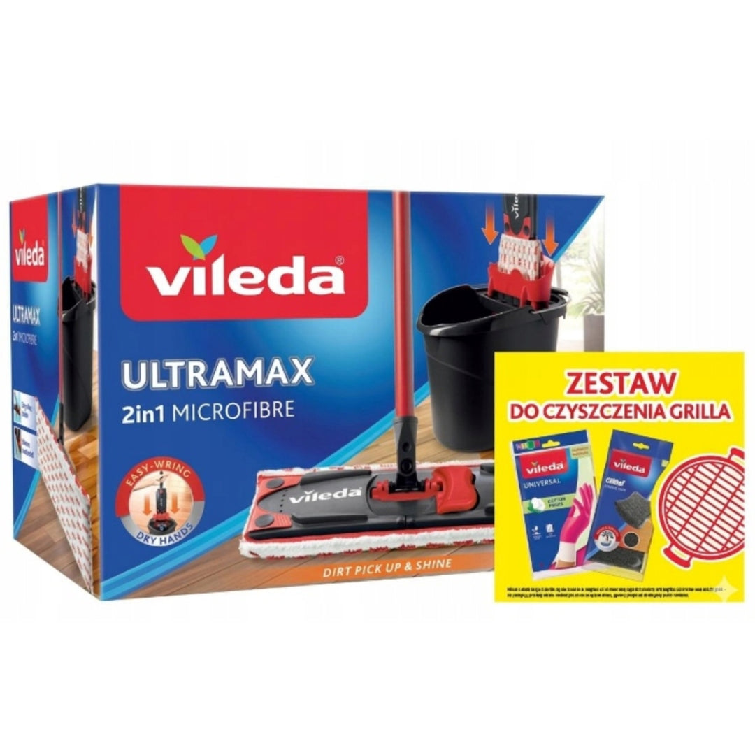 Sada s plochým mopom Ultramax + rukavice Universal + špongia Glitzi (2 ks) Vileda, bezdotykový systém odvodňovania, dva druhy vlákien, 177453