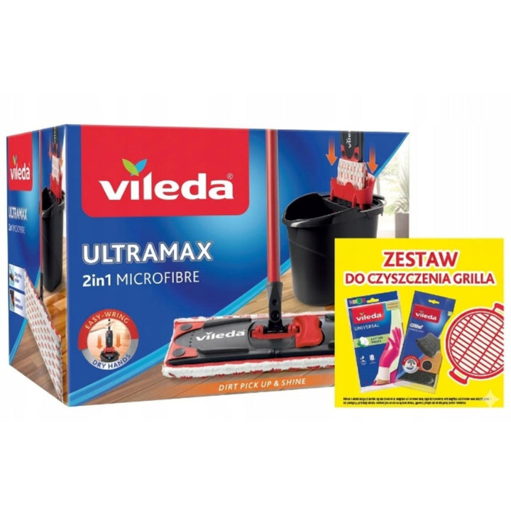 Sada s plochým mopom Ultramax + rukavice Universal + špongia Glitzi (2 ks) Vileda, bezdotykový systém odvodňovania, dva druhy vlákien, 177453