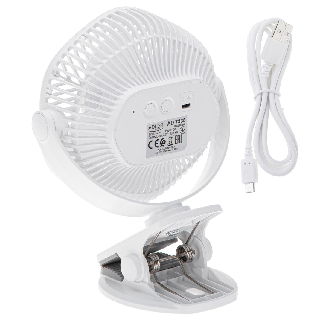 Akumulátorový ventilátor 5"/12,7 cm s klipom – USB / LED, AD 7335, Adler