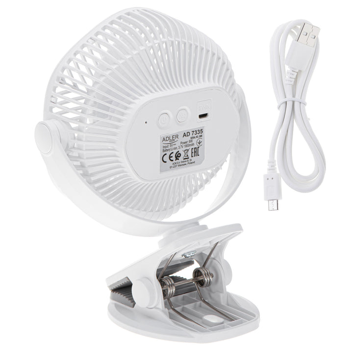 Akumulátorový ventilátor 5"/12,7 cm s klipom – USB / LED, AD 7335, Adler