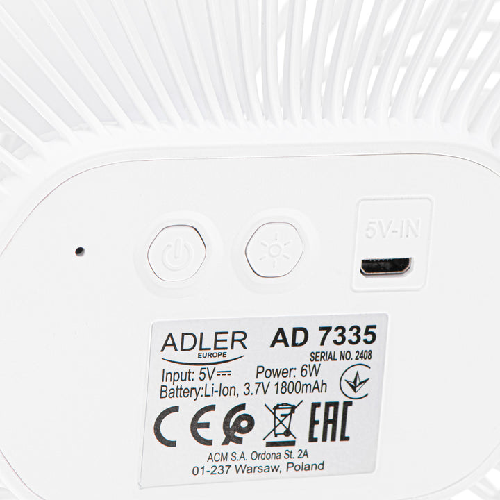 Akumulátorový ventilátor 5"/12,7 cm s klipom – USB / LED, AD 7335, Adler
