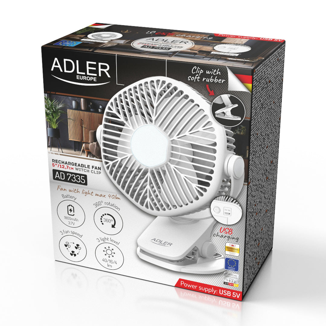 Akumulátorový ventilátor 5"/12,7 cm s klipom – USB / LED, AD 7335, Adler