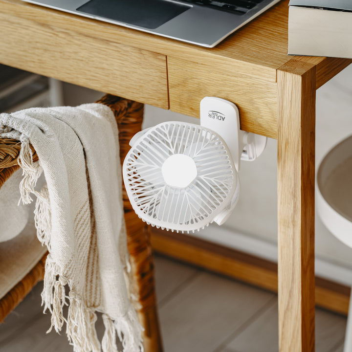 Akumulátorový ventilátor 5"/12,7 cm s klipom – USB / LED, AD 7335, Adler