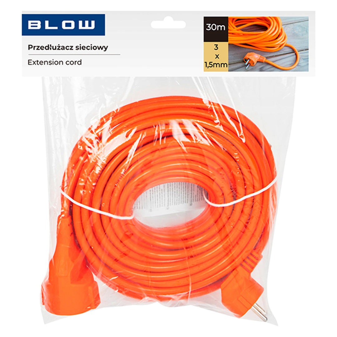 Predlžovací kábel Blow, farba oranžová, dĺžka 30 m, zásuvka s uzemnením, PR-160