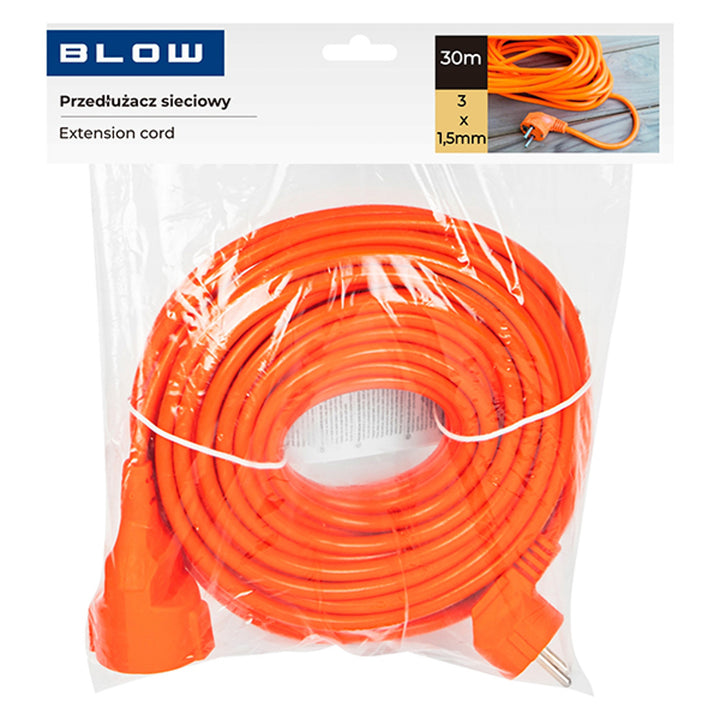 Predlžovací kábel Blow, farba oranžová, dĺžka 30 m, zásuvka s uzemnením, PR-160