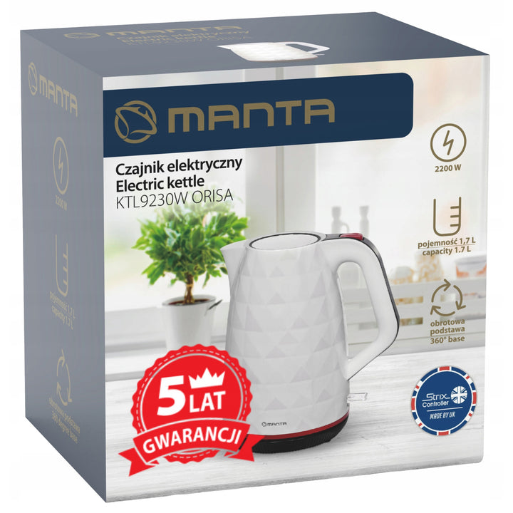 Bezdrôtová rýchlovarná kanvica Manta ORISA 1,7 l, 2200 W, biela
