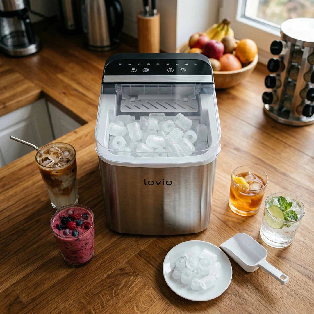 Domáca strojček na výrobu ľadu Lovio Crystal Ice Plus, oceľový, strieborný, rýchla výroba ľadu