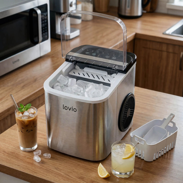 Domáca strojček na výrobu ľadu Lovio Crystal Ice Plus, oceľový, strieborný, rýchla výroba ľadu