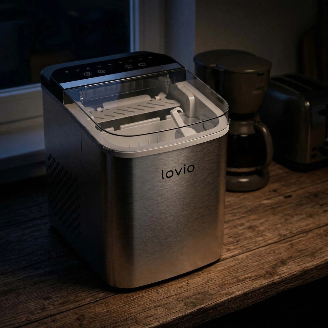 Domáca strojček na výrobu ľadu Lovio Crystal Ice Plus, oceľový, strieborný, rýchla výroba ľadu