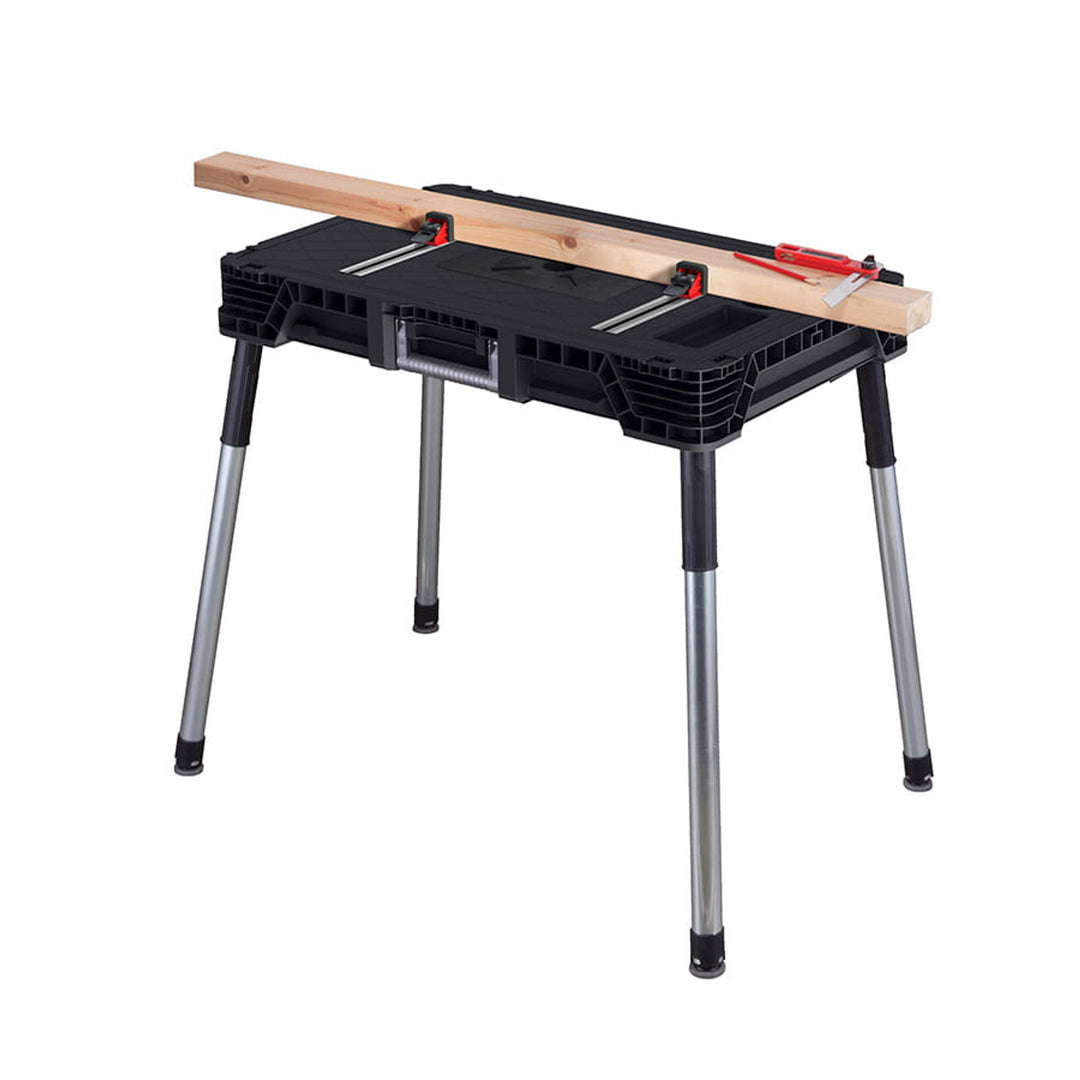 Prenosný dielenský stôl Keter Jobmade, nosnosť 453 kg, protisklzové nožičky, úložný priestor so svorkami pod doskou, 239985