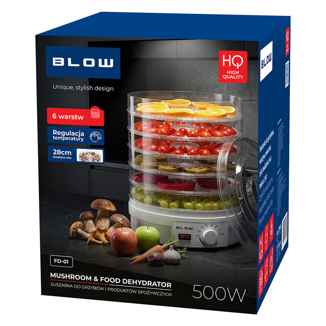 Sušička na huby, zeleninu a ovocie Blow, výkon 500 W, 6 sitiek v balení, regulácia teploty 35–75 °C, 44–175