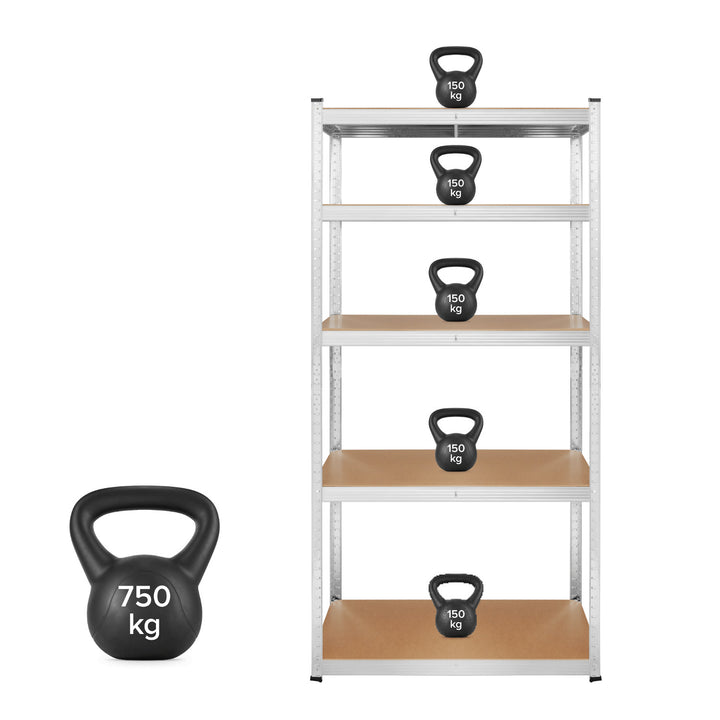 Kovový skladový regál, 5 políc, maximálne zaťaženie do 750 kg, 180 × 90 × 40, strieborný, Rebel