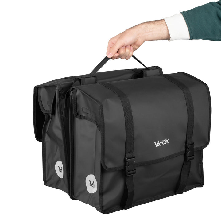 Dvojitá cyklistická taška na nosič z PVC s uchom, čierna, 40 l, VA0446, Vayox